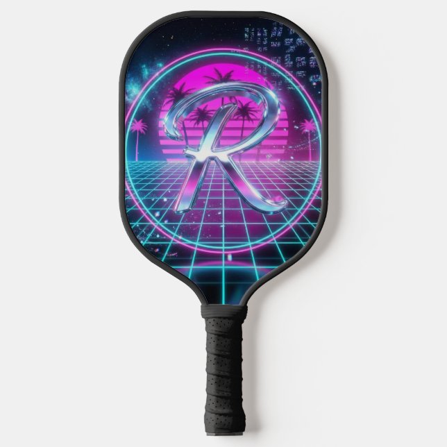 Luxury Neon Chrome Initial Monogram Retro  Pickleball Paddle (Front)