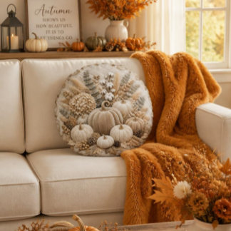 Luxury Neutral Fall Pumpkin Embroidery Round Cushion