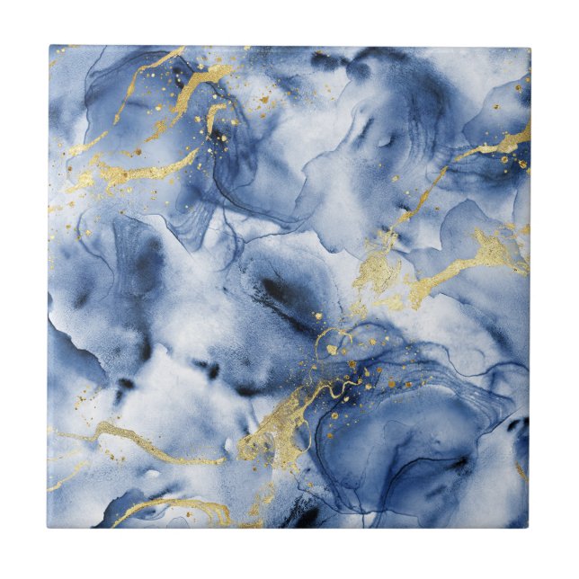 Luxury Ocean Blue and Gold Alcohol Ink Fluid  Tile (Front)