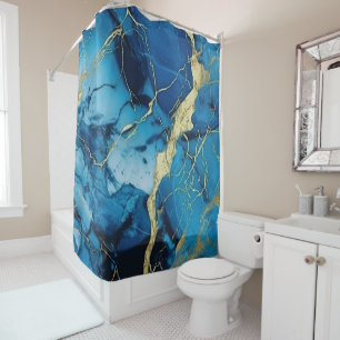 Luxury Ocean Blue Marble Gold Kintsugi Agate Shower Curtain