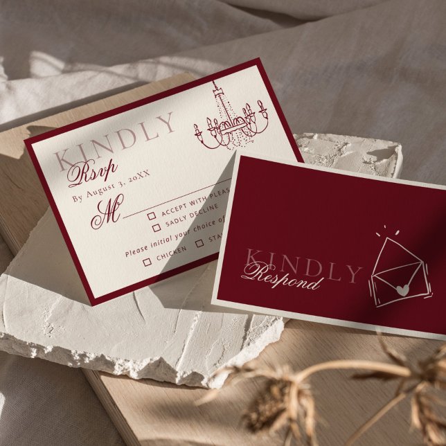 Luxury Old Money Dark Red Hand drawn Wedding RSVP Card (Creator Uploaded)