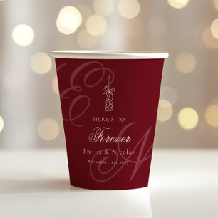 Luxury Old Money Monogram Red Calligraphy Wedding Paper Cups