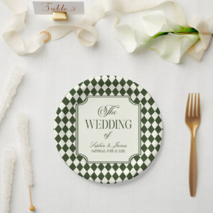 Luxury Old Money Olive Green Ivory Vintage Wedding Paper Plate