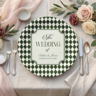 Luxury Old Money Olive Green Ivory Vintage Wedding Paper Plate