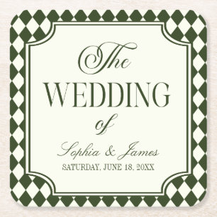Luxury Old Money Olive Green Ivory Vintage Wedding Square Paper Coaster