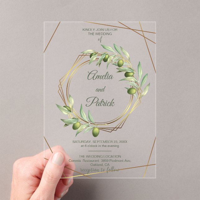 Luxury Olive Branch Geometric Gold Wedding Acrylic Invitations (Insitu (Handheld))