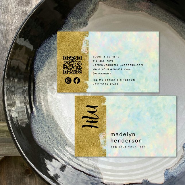 Luxury Opal Gold Brush QR Code Social Media Business Card (Creator Uploaded)