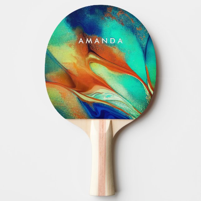 Luxury orange aqua faux gold glitter marble art  ping pong paddle (Front)