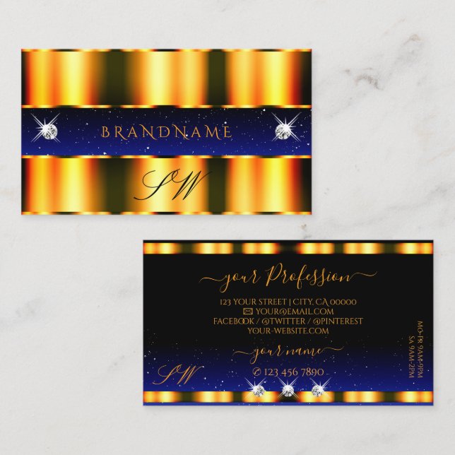 Luxury Orange Blue Black Sparkle Jewels Monogram Business Card (Front/Back)