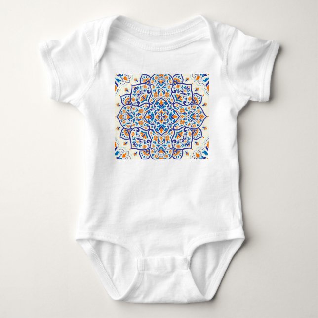 Luxury Orange Blue Ornament Pattern Baby Bodysuit (Front)