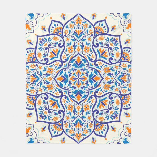 Luxury Orange Blue Ornament Pattern Fleece Blanket (Front)