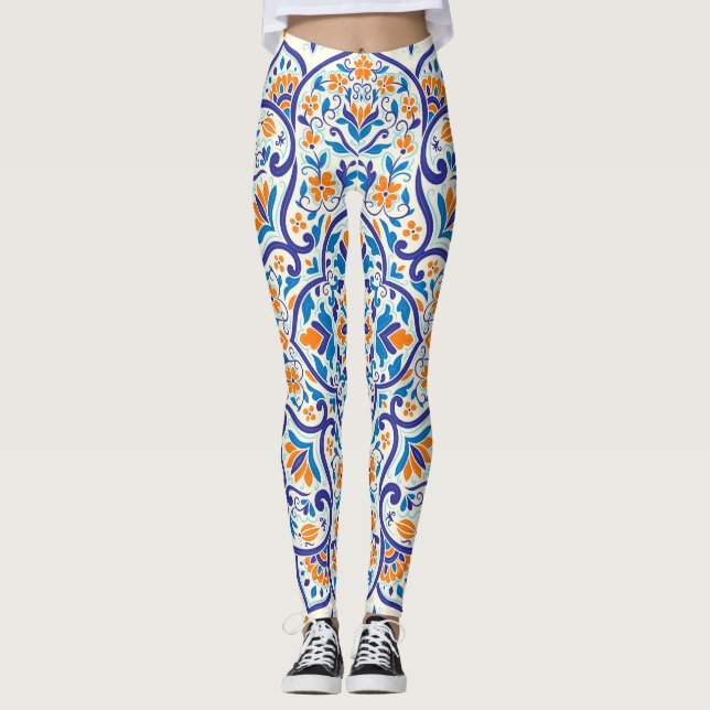 Luxury Orange Blue Ornament Pattern Leggings (Front)