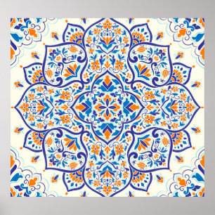 Luxury Orange Blue Ornament Pattern Poster