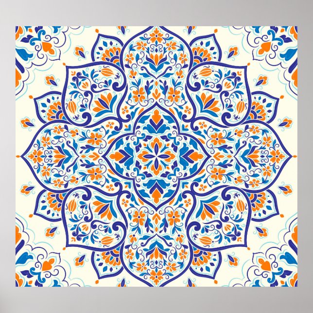 Luxury Orange Blue Ornament Pattern Poster (Front)
