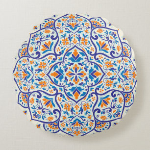 Luxury Orange Blue Ornament Pattern Round Cushion