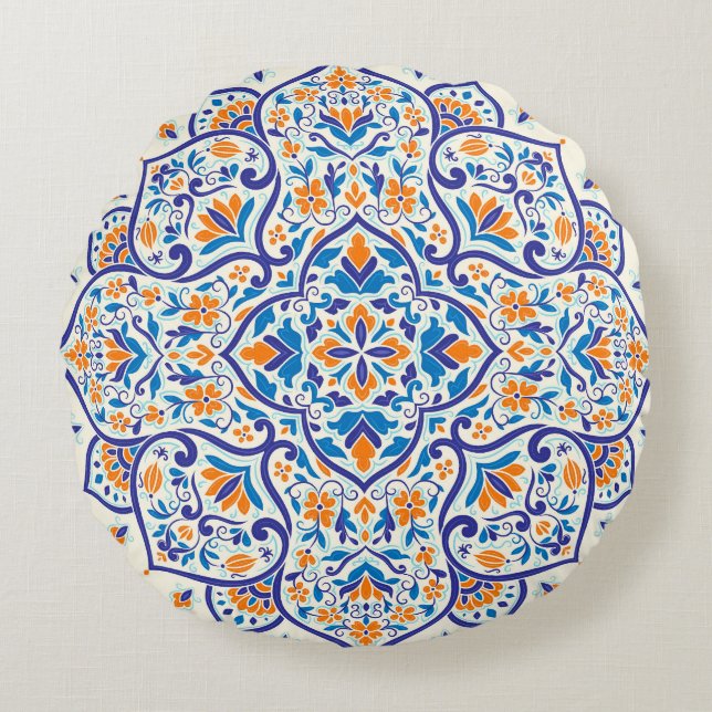 Luxury Orange Blue Ornament Pattern Round Cushion (Front)