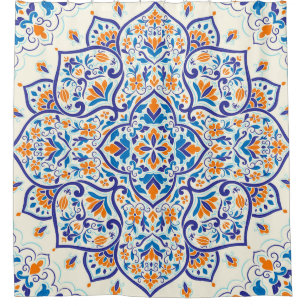 Luxury Orange Blue Ornament Pattern Shower Curtain
