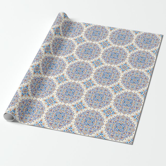 Luxury Orange Blue Ornament Pattern Wrapping Paper (Unrolled)