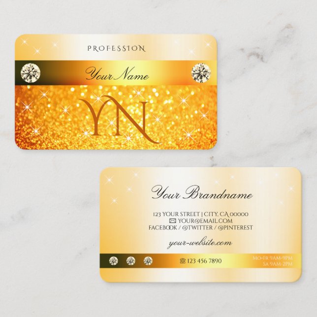 Luxury Orange Glitter Sparkling Stars and Monogram Business Card (Front/Back)