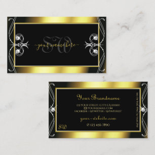 Luxury Ornate Black Gold Sparkle Jewels Monogram Business Card
