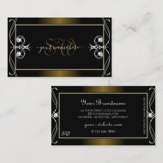 Luxury Ornate Black Golden Sparkle Jewels Monogram Business Card (Front/Back)