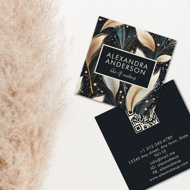 Luxury Pampas Grass Pattern Black Square Business Card (Luxury Pampas Grass Pattern Black Square Business Card)