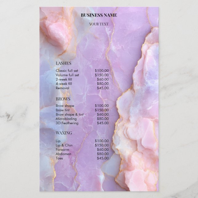 Luxury Pastel Marble Lash Ar Salon Price List Menu (Front)
