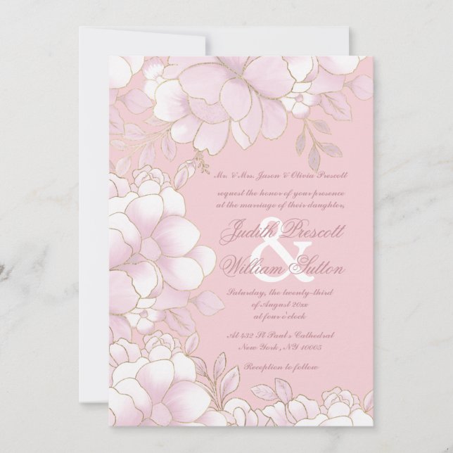 Luxury pastel pink gold elegant floral wedding invitation (Front)