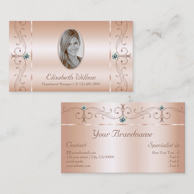 Luxury Pastel Rose Coral Squiggled Jewels Add Foto Business Card (Front/Back)