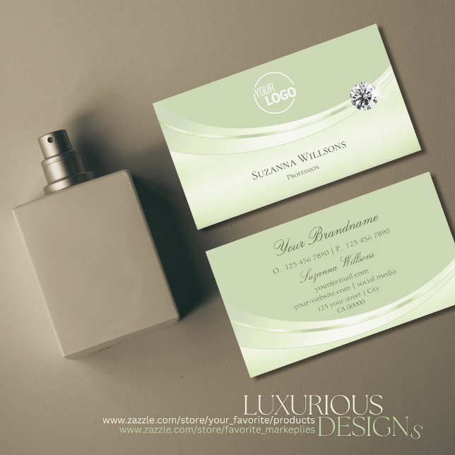 Luxury Pastel Sage Green with Logo and Diamond Business Card (Creator Uploaded)