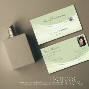 Luxury Pastel Sage Green with Photo and Diamond Business Card