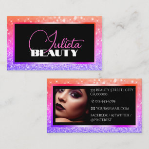 Luxury Peach Pink Sparkle Glitter Photo Template Business Card
