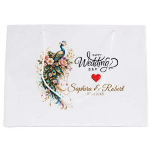 Luxury Peacock Floral – (Custom Name & Date) Large Gift Bag