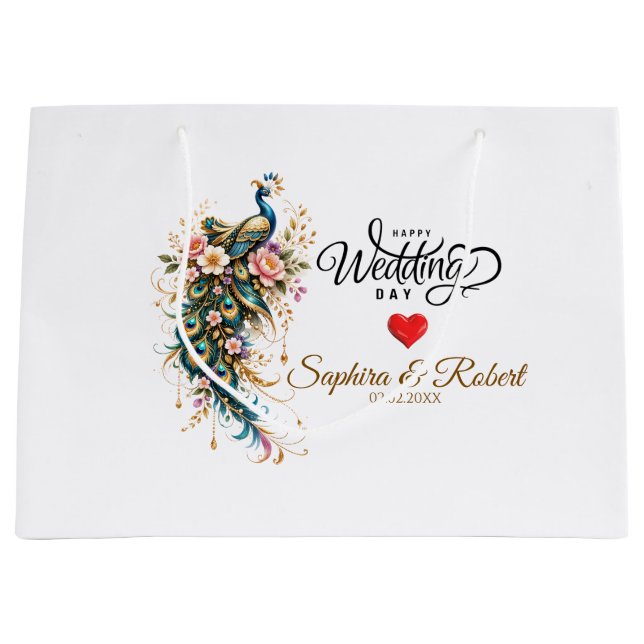 Luxury Peacock Floral – (Custom Name & Date) Large Gift Bag (Front)