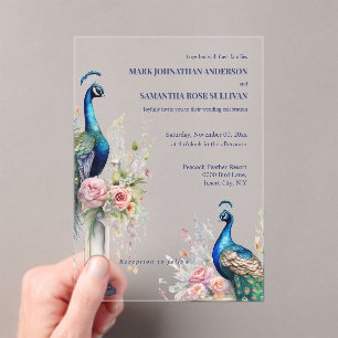 Luxury Peacock Pink Roses Wedding  Acrylic Invitations