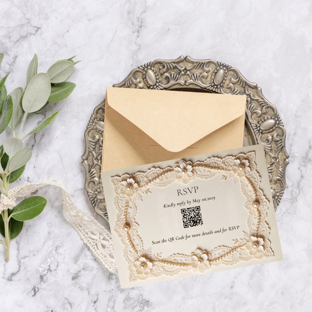 Luxury Pearl Lace Elegant Wedding QR Code RSVP Card (Creator Uploaded)