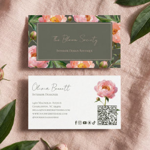 Luxury Peony Floral Botanical Interior Designer QR Business Card