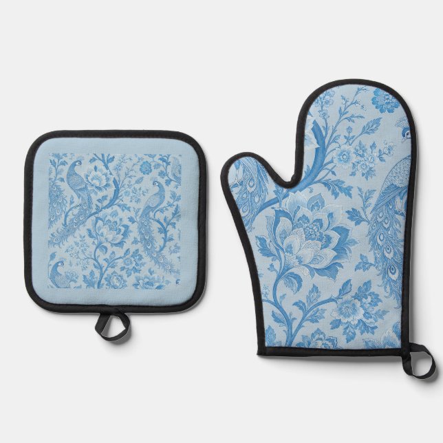 Luxury Persian Pale Peacock Blue Pattern  Oven Mitt & Pot Holder Set (Front)