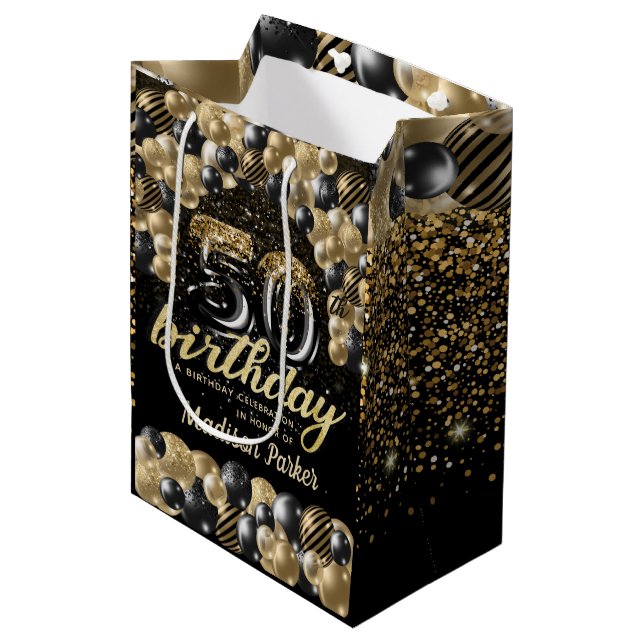 Luxury Personalised 50th Birthday Black Gold Medium Gift Bag (Front Angled)