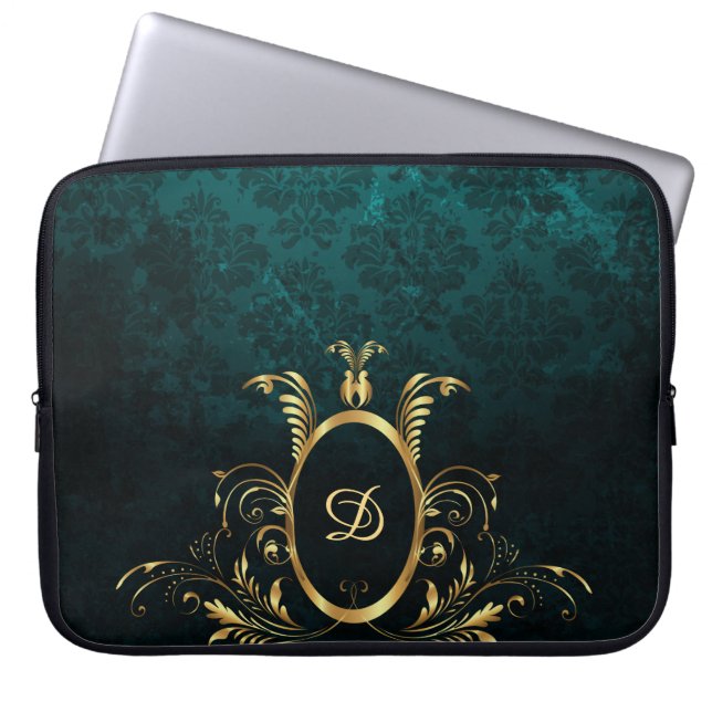 Luxury Personalised Damask Turquoise Laptop Sleeve (Front)