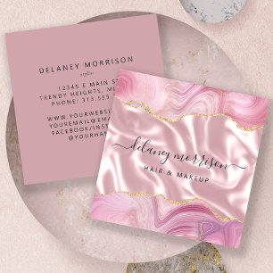 Luxury Pink Agate Silk Silver Glitter Square Business Card