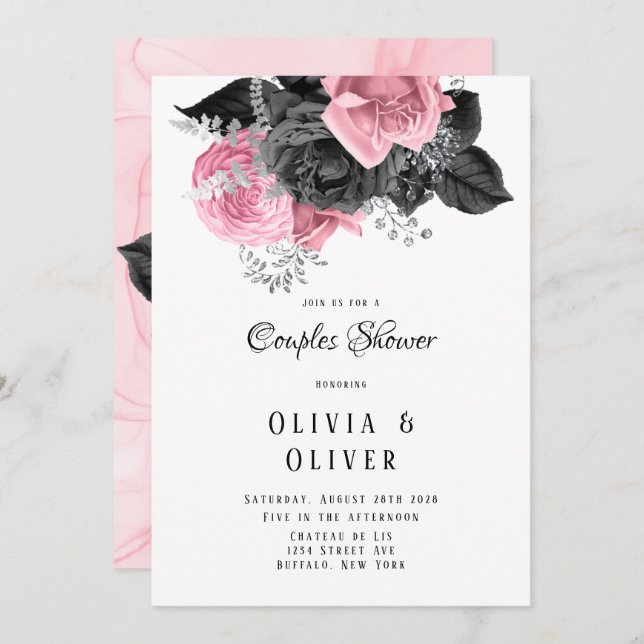 Luxury Pink and Black Floral Inking Couples Shower Invitation (Front/Back)