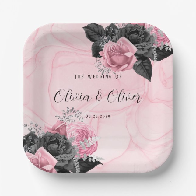 Luxury Pink and Black Floral Inking Wedding Paper Plate (Front)