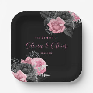 Luxury Pink and Black Floral Inking Wedding Paper  Plate