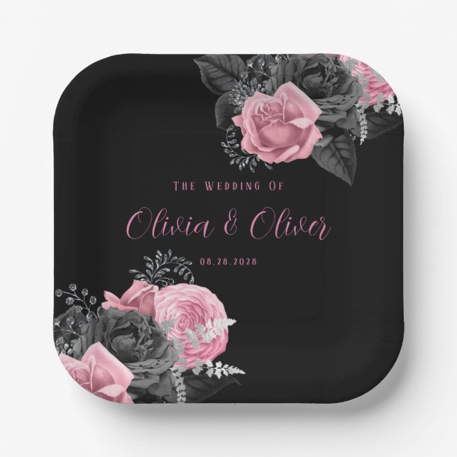 Luxury Pink and Black Floral Inking Wedding Paper  Plate (Front)