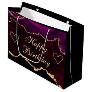 Luxury Pink and Gold Glitter Agate Happy Birthday Large Gift Bag