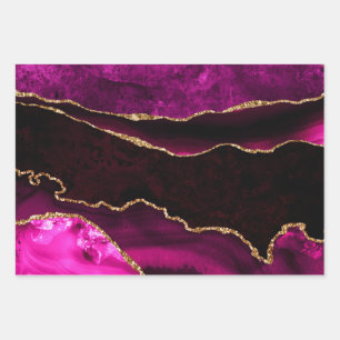 Luxury Pink and Gold Glitter Agate Happy Birthday Wrapping Paper Sheet