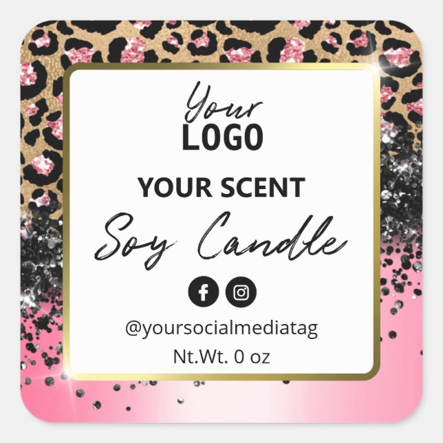 Luxury Pink Black Leopard Print Soy Candle Labels (Front)
