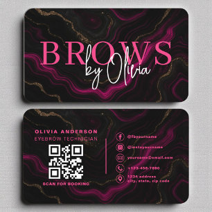 Luxury Pink Black Marble Brows QR Code Business Card