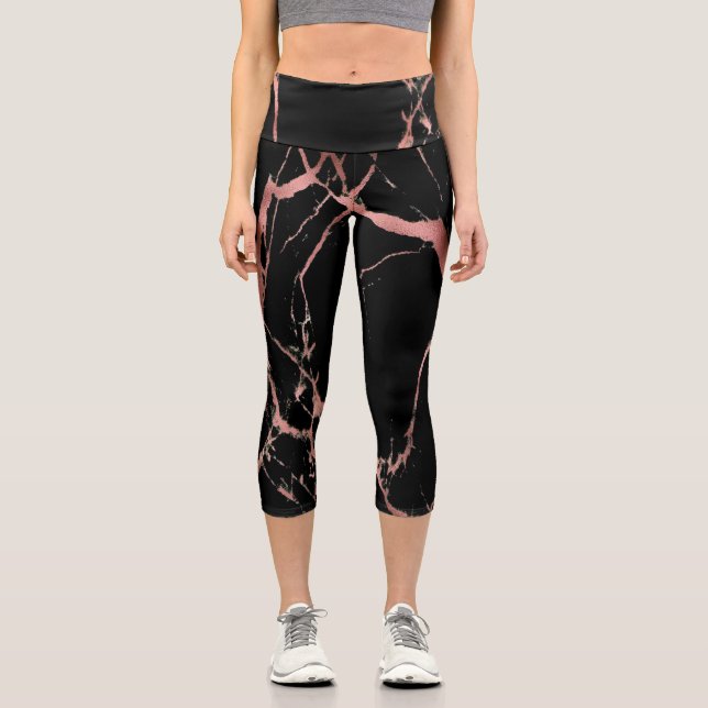 Luxury Pink Black Marble Capri Leggings (Front)
